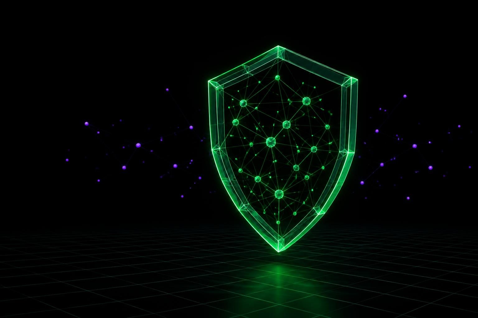 A luminous shield filtering a network of blockchain wallets